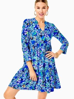 Lilly Pulitzer Alaina Dress 3/4 Sleeve Blue Grotto Twilight Tropics